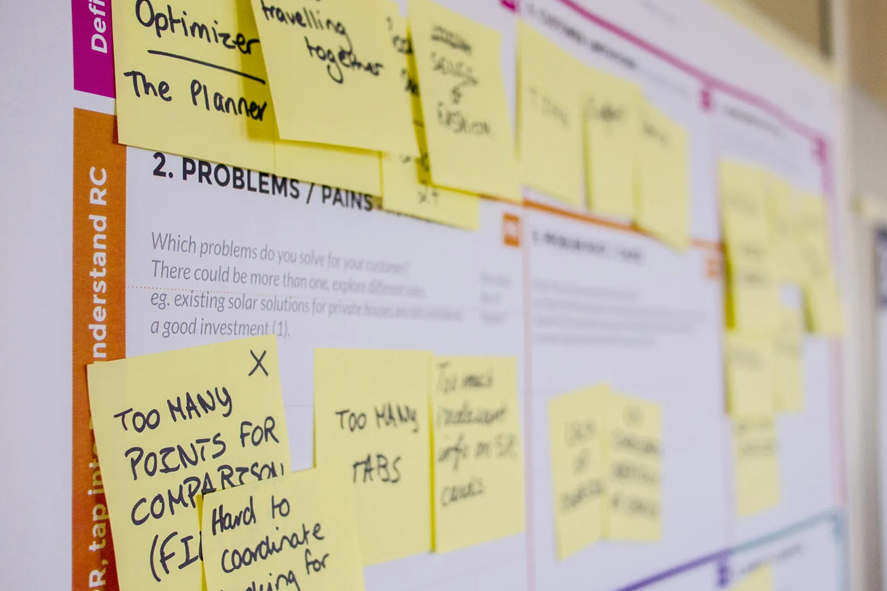 Close up stick notes on a printed branding strategy document
