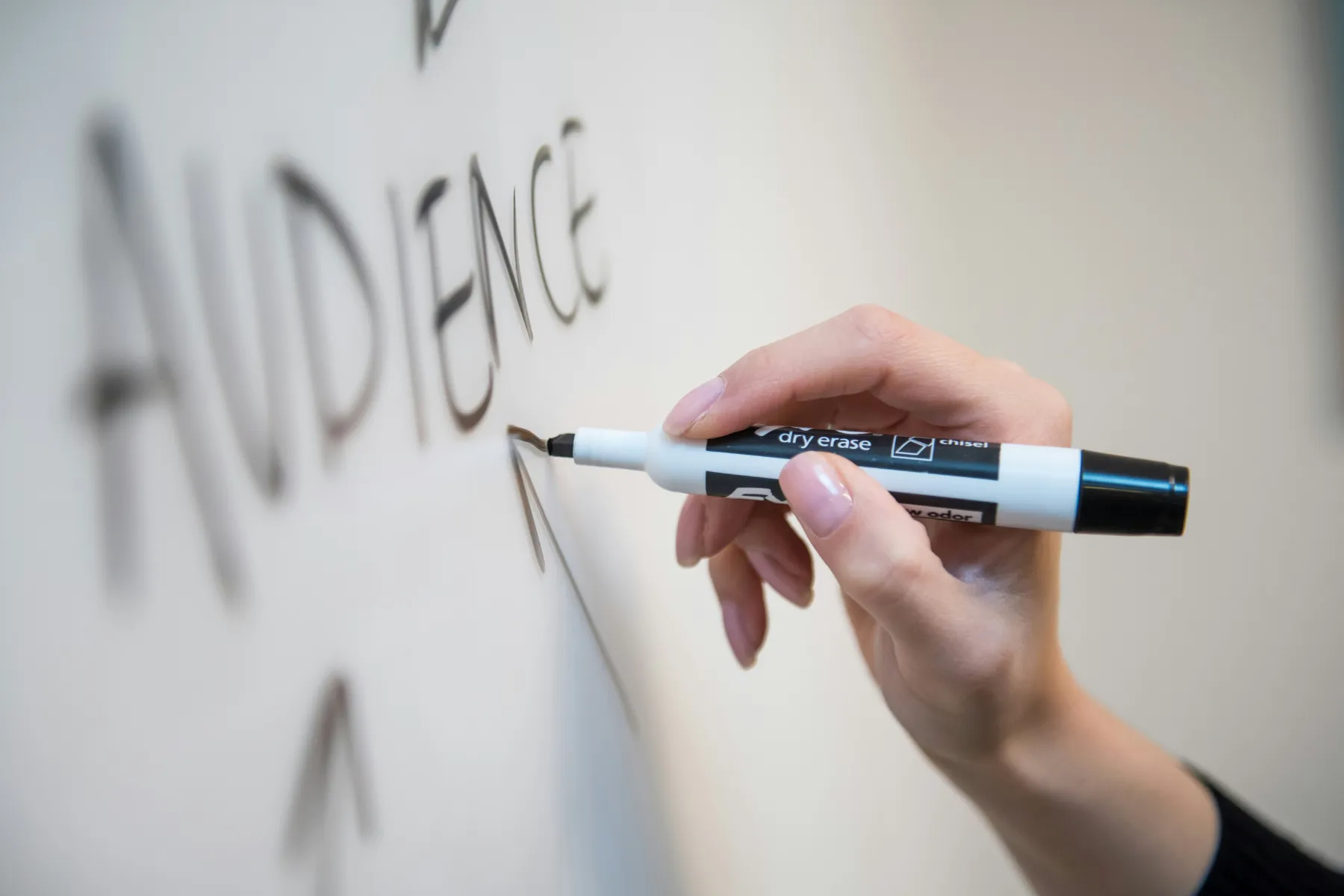 Close up of a hand with a black marker writing on a whiteboard.